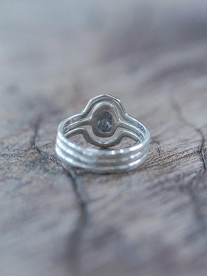 Rose Cut Oval Diamond Ring Set in Silver with Hexagon Bands - Gardens of the Sun | Ethical Jewelry