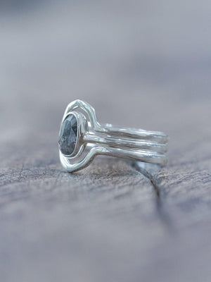 Rose Cut Oval Diamond Ring Set in Silver with Hexagon Bands - Gardens of the Sun | Ethical Jewelry