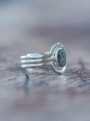 Rose Cut Oval Diamond Ring Set in Silver with Hexagon Bands - Gardens of the Sun | Ethical Jewelry