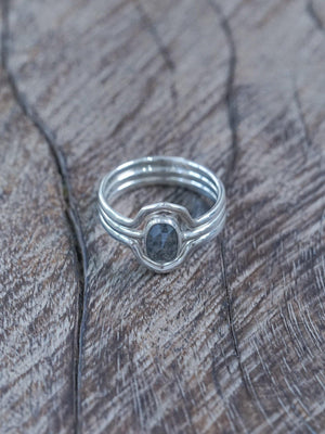 Rose Cut Oval Diamond Ring Set in Silver with Hexagon Bands - Gardens of the Sun | Ethical Jewelry