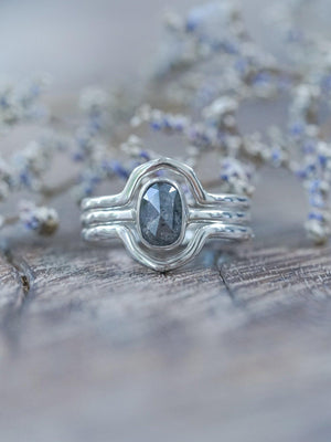 Rose Cut Oval Diamond Ring Set in Silver with Hexagon Bands - Gardens of the Sun | Ethical Jewelry