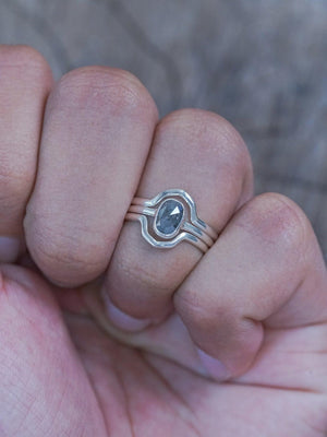 Rose Cut Oval Diamond Ring Set in Silver with Hexagon Bands - Gardens of the Sun | Ethical Jewelry