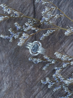 Rose Cut Oval Diamond Ring Set in Silver with Hexagon Bands - Gardens of the Sun | Ethical Jewelry