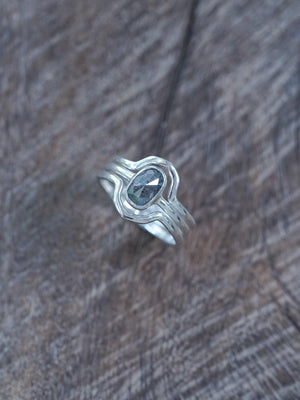 Rose Cut Oval Diamond Ring Set in Silver with Hexagon Bands - Gardens of the Sun | Ethical Jewelry