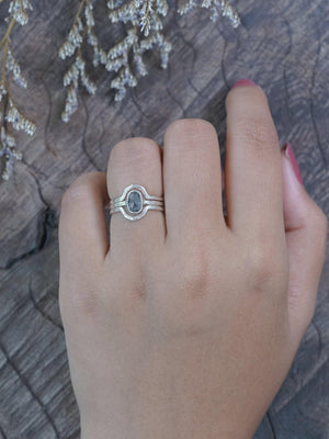 Rose Cut Oval Diamond Ring Set in Silver with Hexagon Bands - Gardens of the Sun | Ethical Jewelry