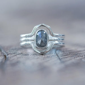 Rose Cut Oval Diamond Ring Set in Silver with Hexagon Bands - Gardens of the Sun | Ethical Jewelry