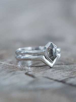 Salt and Pepper Hexagon Diamond Ring Set in Eco White Gold - Gardens of the Sun | Ethical Jewelry