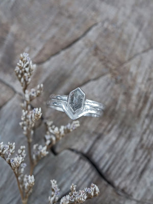 Salt and Pepper Hexagon Diamond Ring Set in Eco White Gold - Gardens of the Sun | Ethical Jewelry