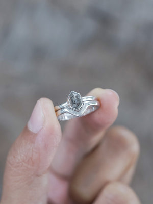 Salt and Pepper Hexagon Diamond Ring Set in Eco White Gold - Gardens of the Sun | Ethical Jewelry