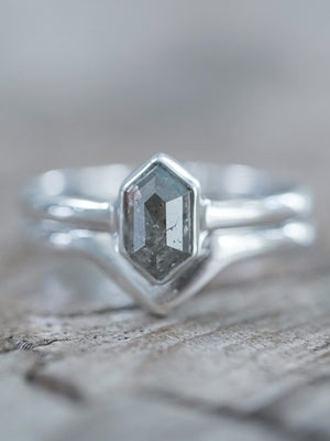 Salt and Pepper Hexagon Diamond Ring Set in Eco White Gold - Gardens of the Sun | Ethical Jewelry
