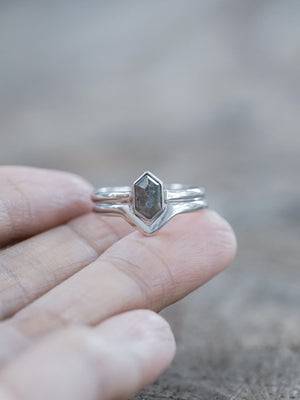 Salt and Pepper Hexagon Diamond Ring Set in Eco White Gold - Gardens of the Sun | Ethical Jewelry