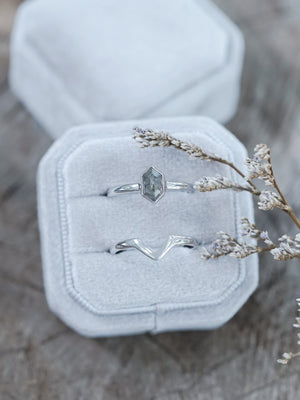 Salt and Pepper Hexagon Diamond Ring Set in Eco White Gold - Gardens of the Sun | Ethical Jewelry