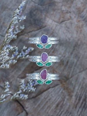 Sapphire and Emerald Flower Ring Set - Gardens of the Sun | Ethical Jewelry