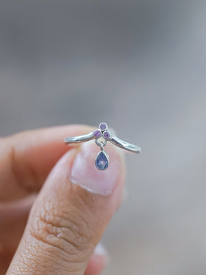 Tanzanite and Pink Sapphire Dangling Ring - Gardens of the Sun | Ethical Jewelry