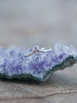 Tanzanite and Pink Sapphire Dangling Ring - Gardens of the Sun | Ethical Jewelry
