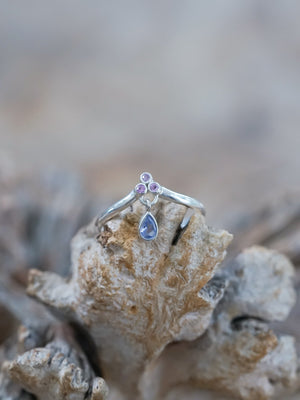 Tanzanite and Pink Sapphire Dangling Ring - Gardens of the Sun | Ethical Jewelry