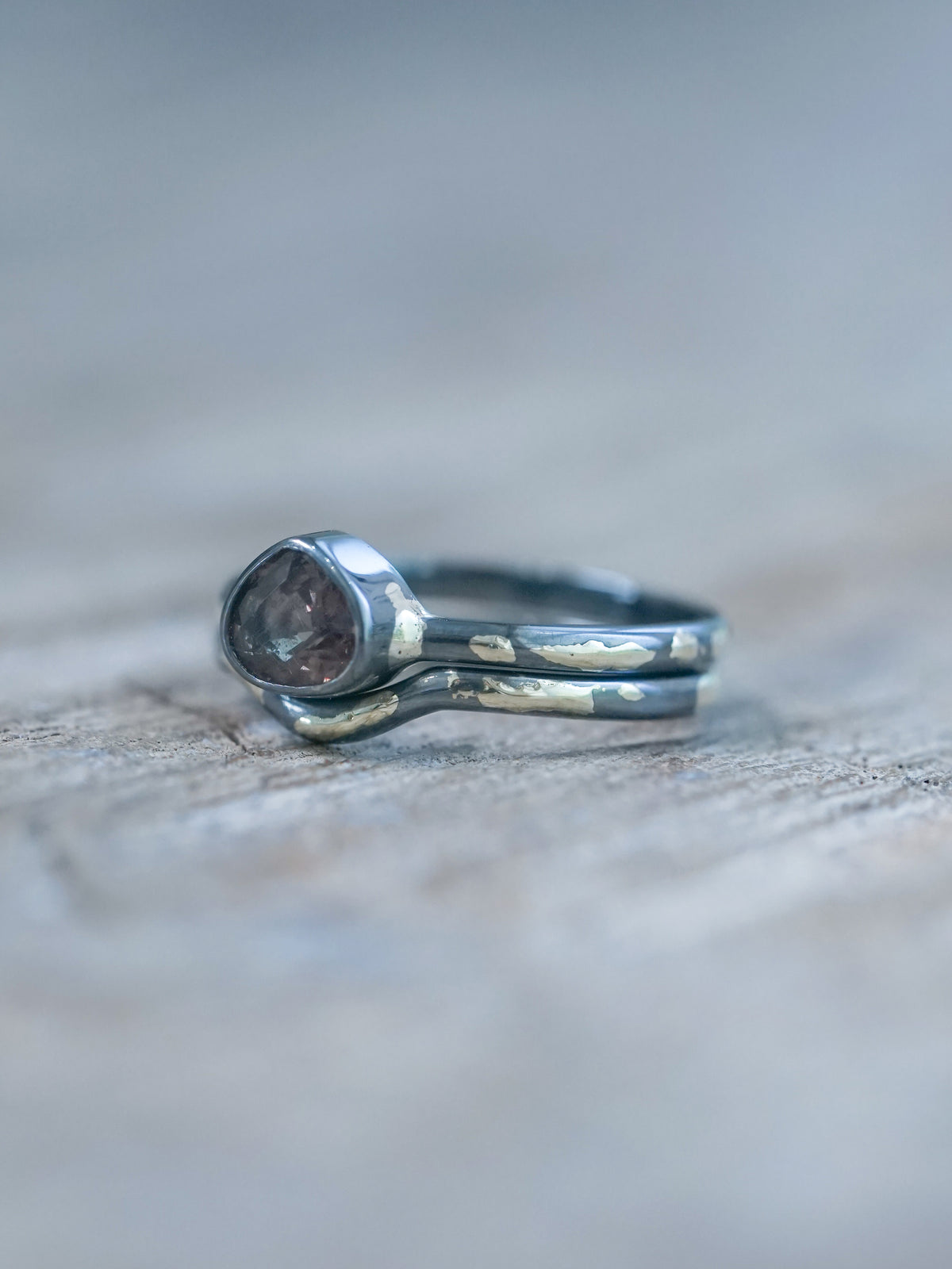 A Color Change Garnet Ring Set | oxidized Recycled sterling silver