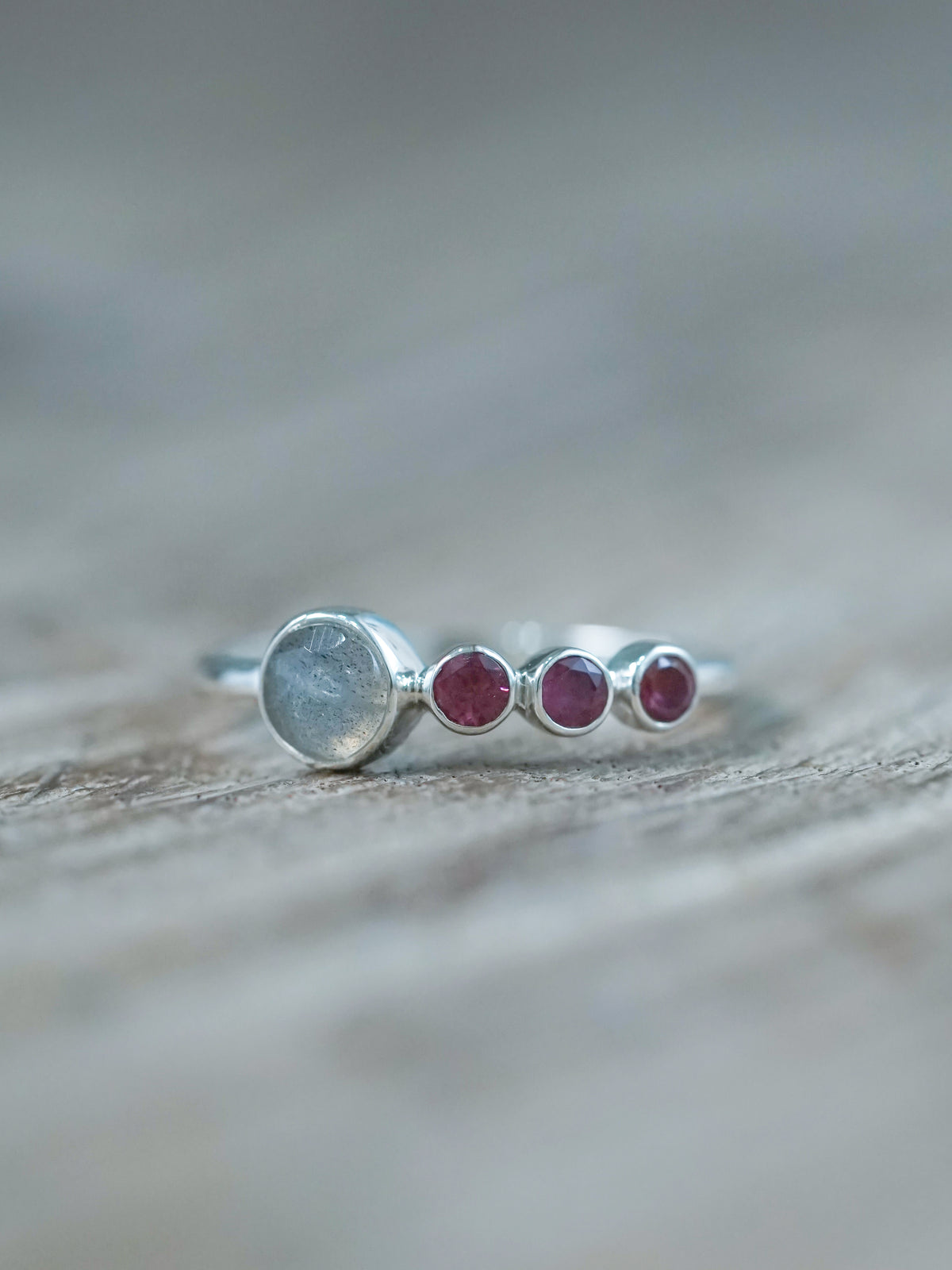 A Rose Cut Labradorite and Garnet Ring in recycled sterling silver