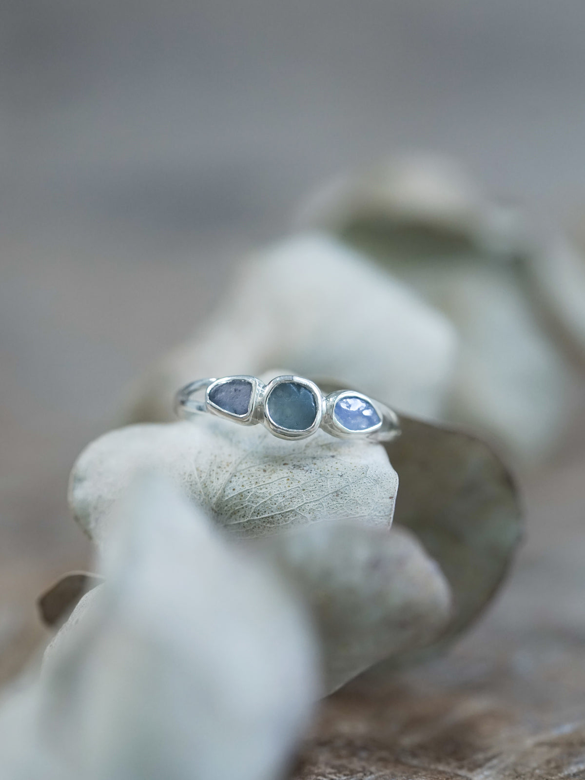 Affordable Three Stone Raw Sapphire Ring