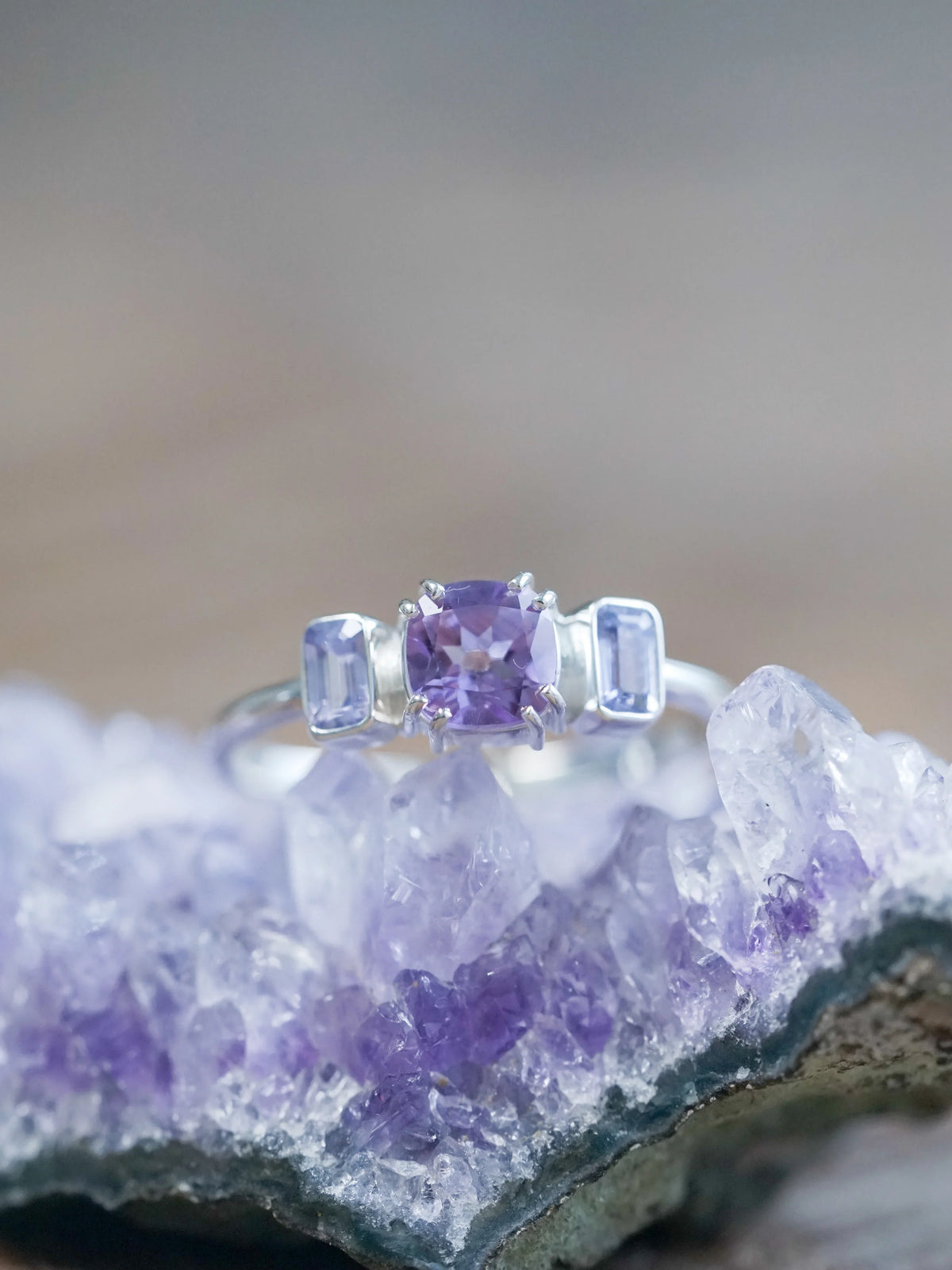 Amethyst and Sapphire Ring Together in Silver