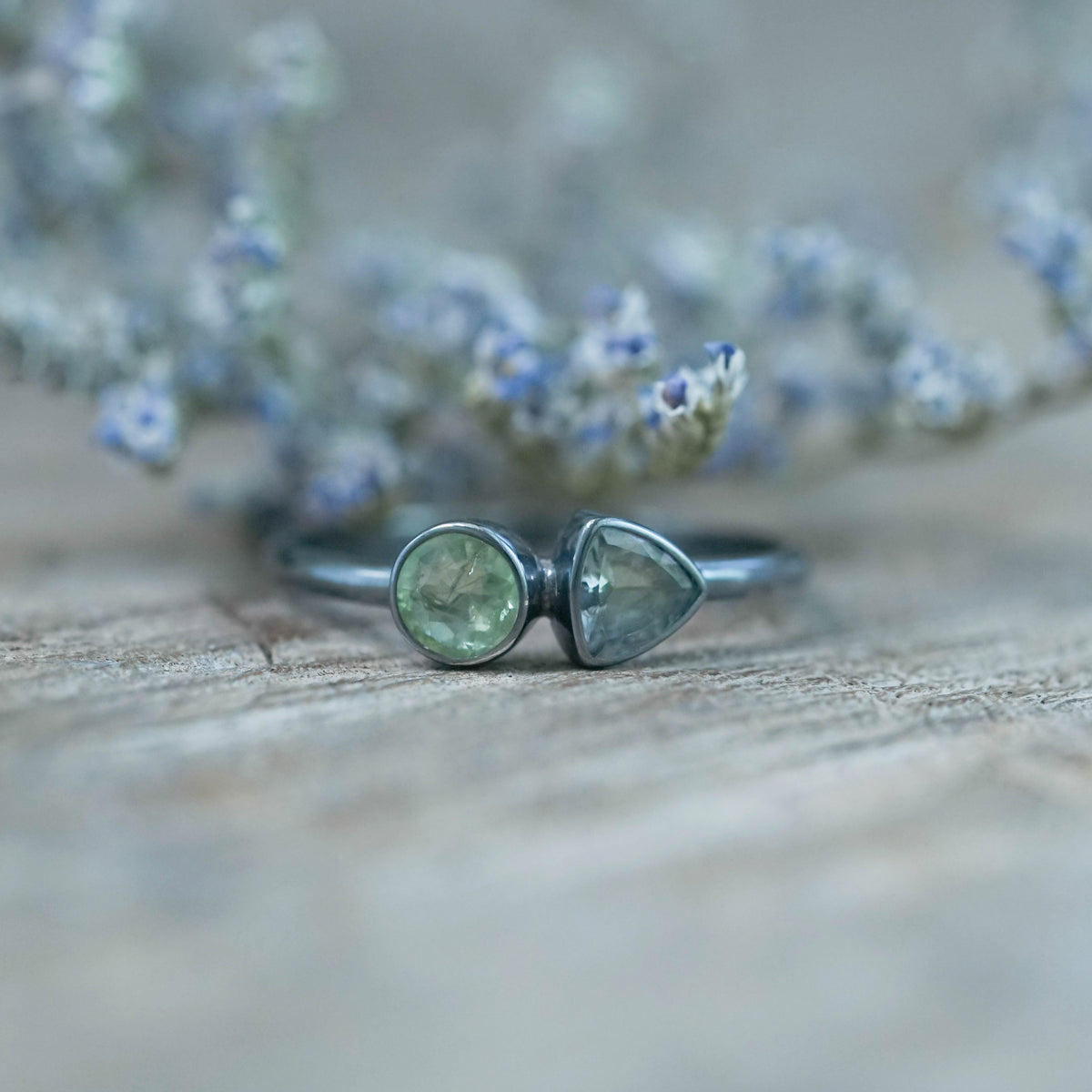 Apatite and Tanzanite Ring in oxidized silver