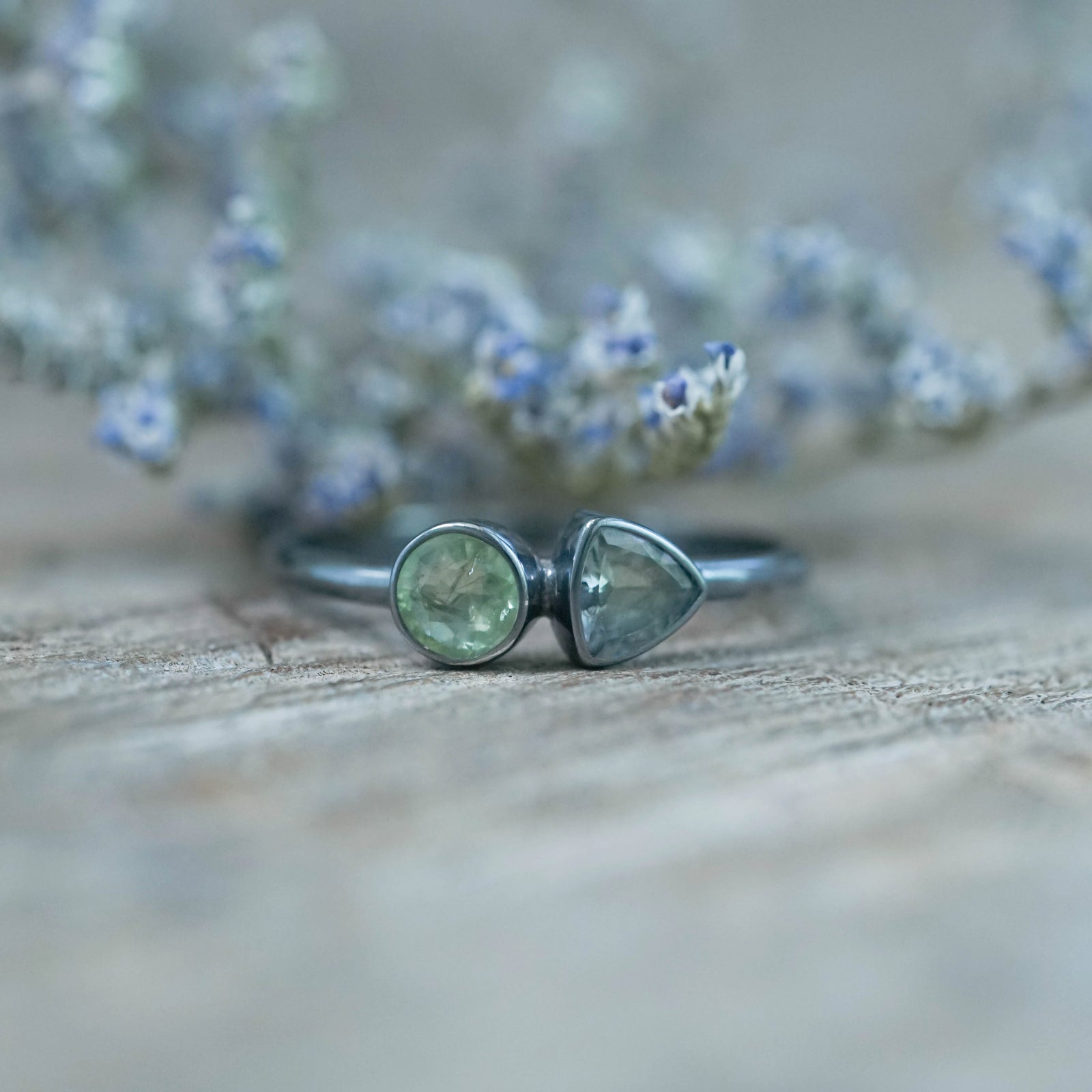 Apatite and Tanzanite Ring in oxidized silver