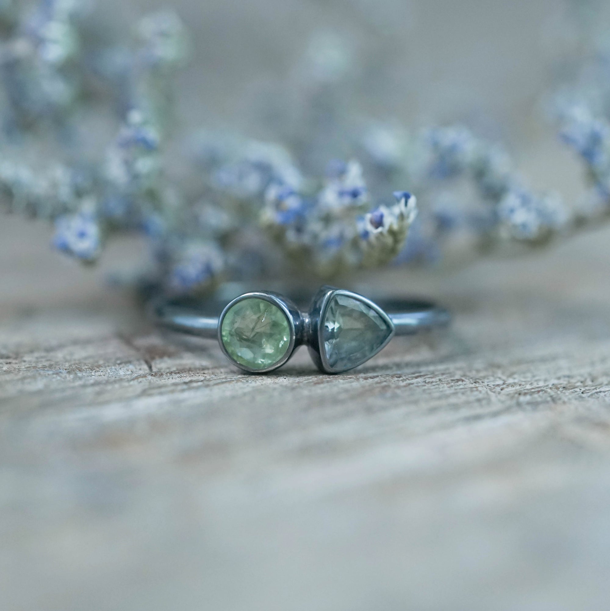 Apatite and Tanzanite Ring in oxidized silver