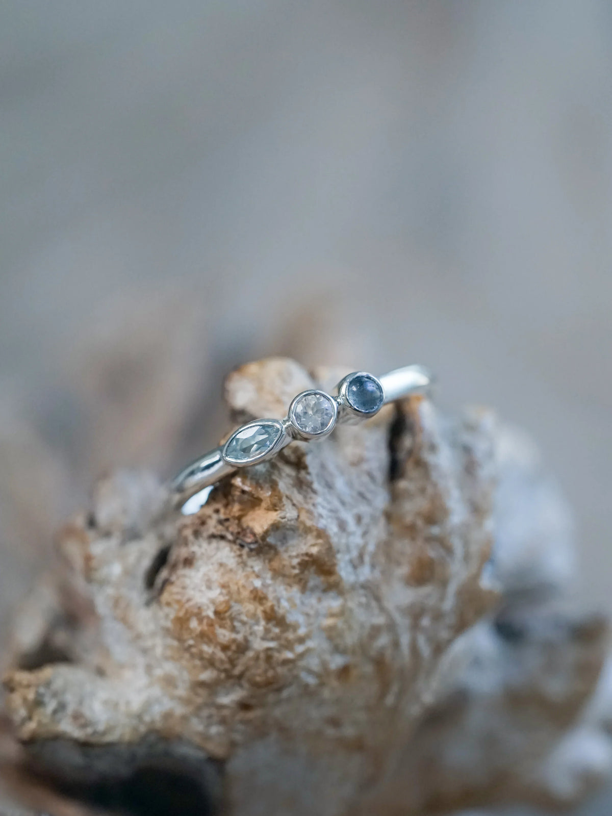 Aquamarine, Moonstone and Labradorite Tree Stones Ring in Silver