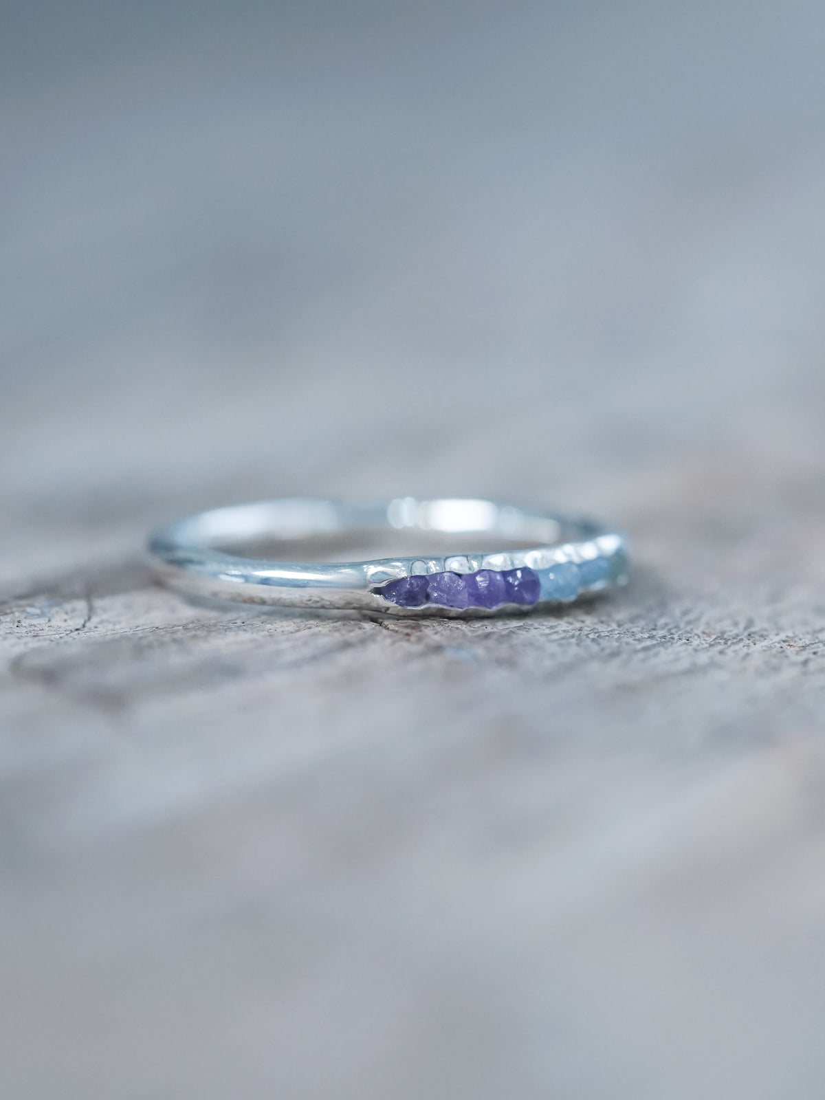 Aquamarine and Amethyst Ring with Hidden Gems in recycled sterling silver | amethyst detailed look