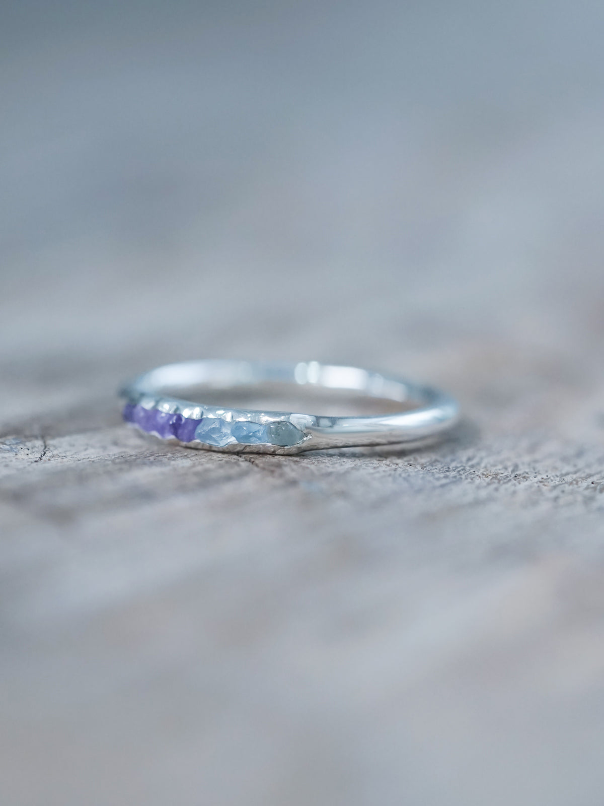 Aquamarine and Amethyst Ring with Hidden Gems in recycled sterling silver | aquamarine detailed look