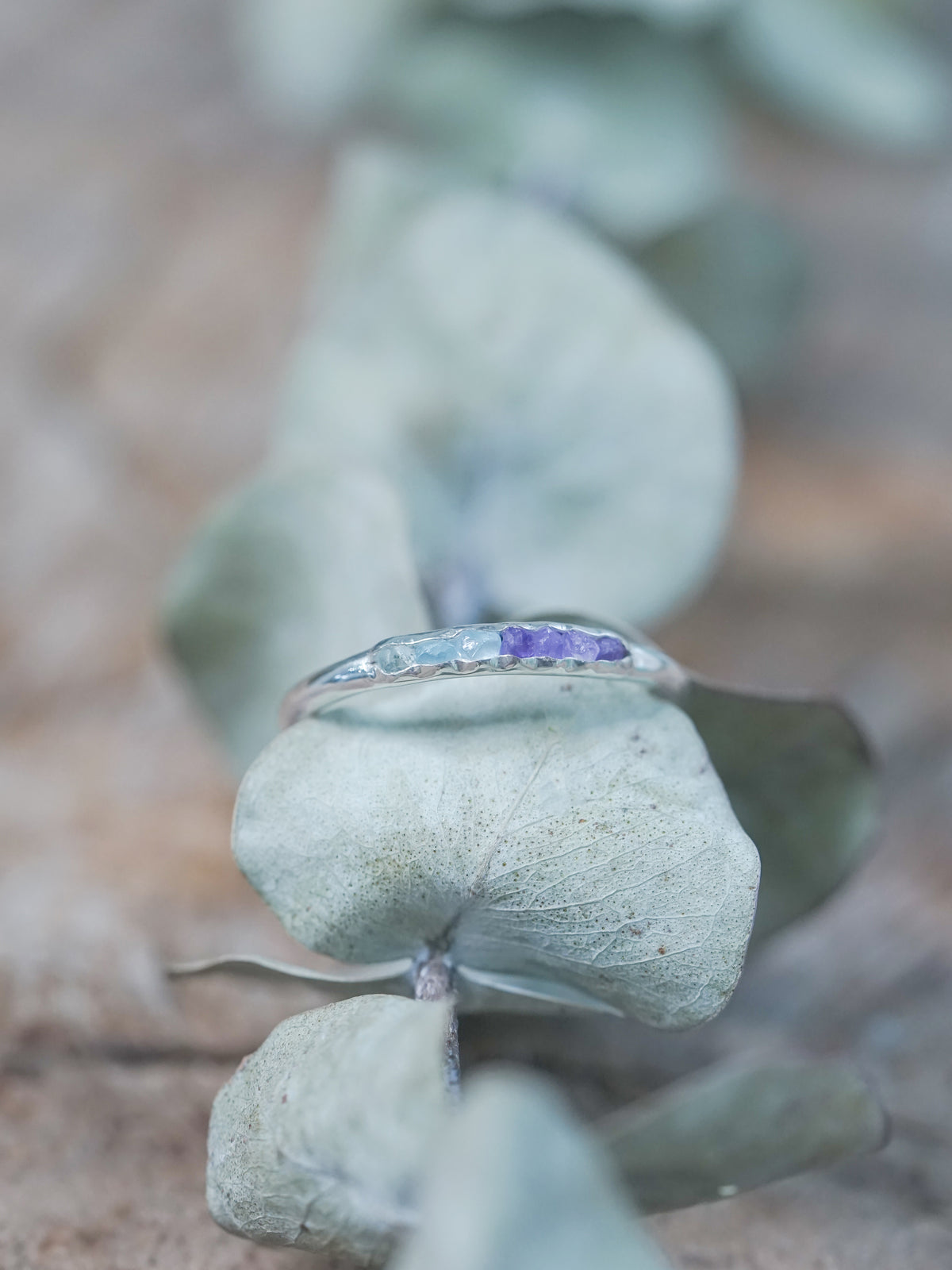 Aquamarine and Amethyst Ring with Hidden Gems in recycled sterling silver available in US size
