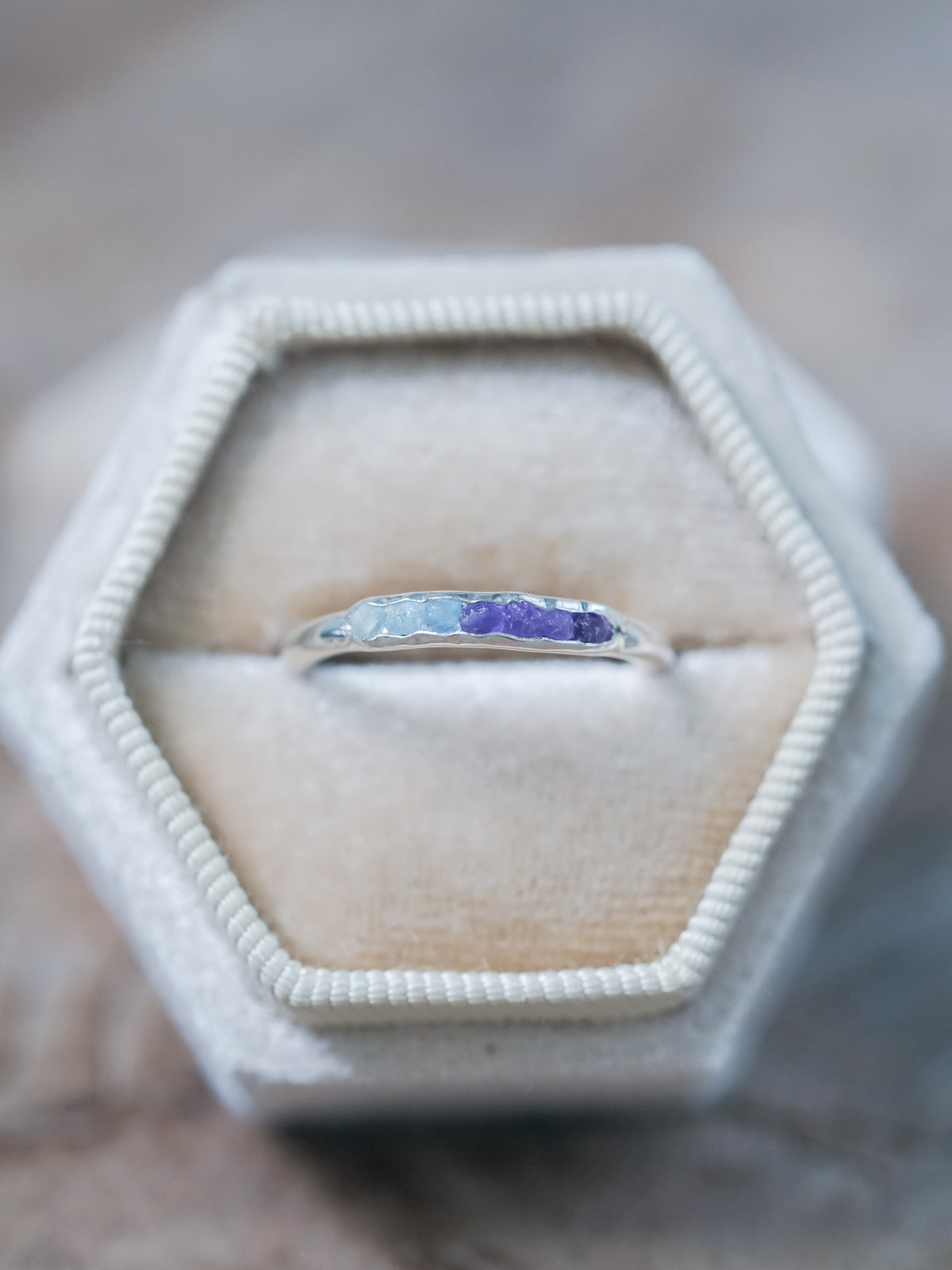 Aquamarine and Amethyst Ring with Hidden Gems in recycled sterling silver in velvet box