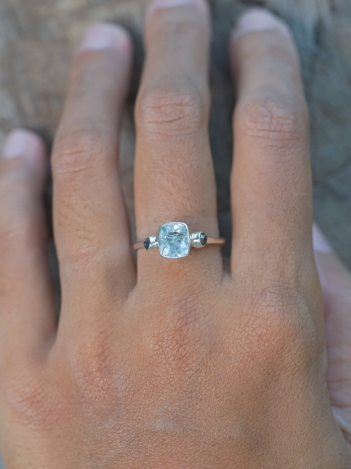 Aquamarine and Salt and Pepper Diamond Ring