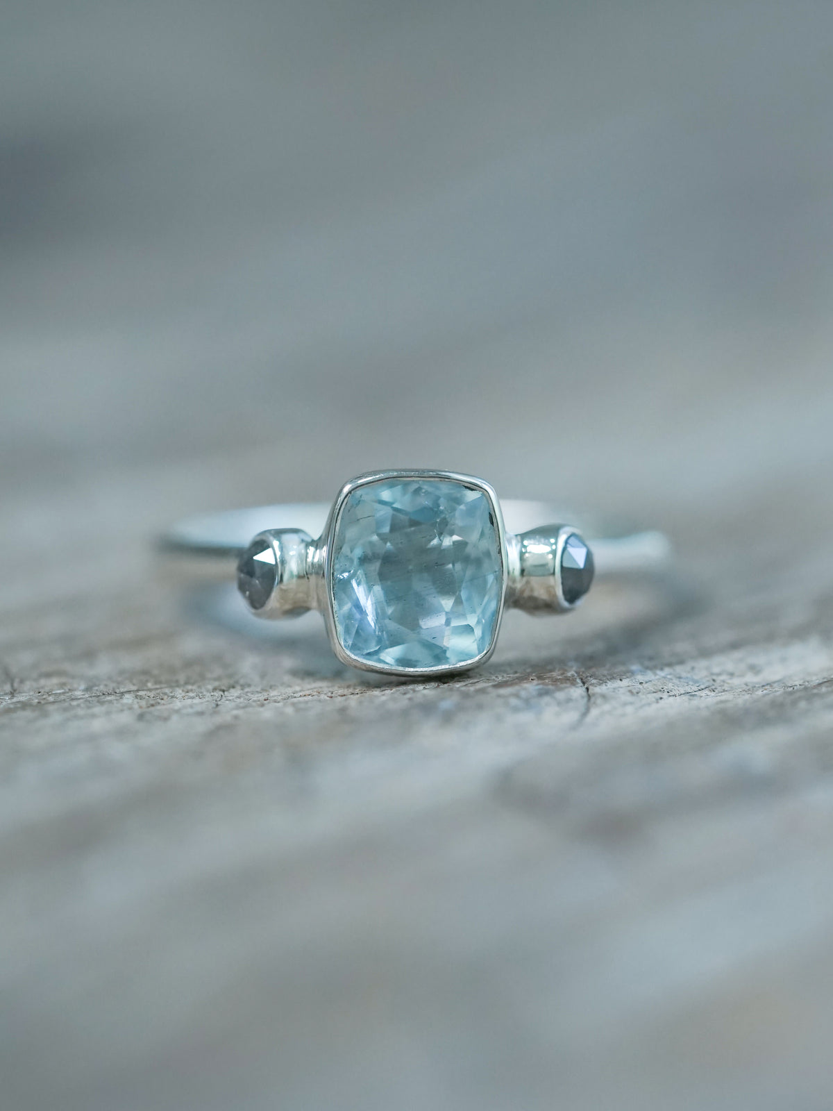 Aquamarine and Salt and Pepper Diamond Ring