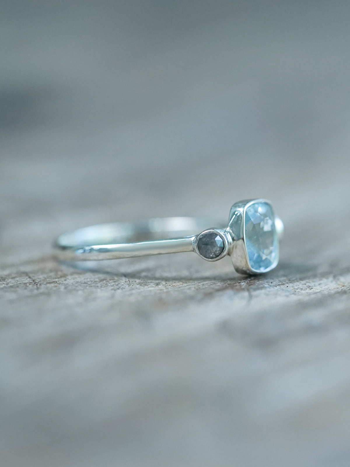 Aquamarine and Salt and Pepper Diamond Ring