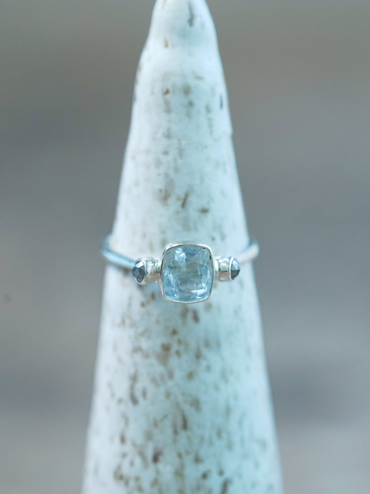 Aquamarine and Salt and Pepper Diamond Ring