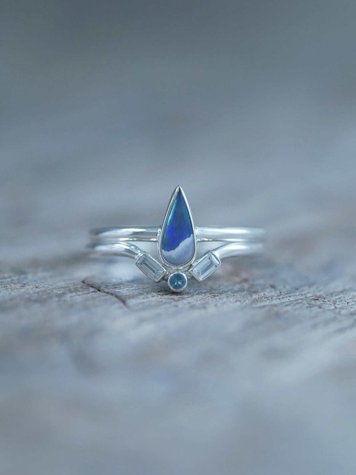 Available Opal, Aquamarine and Zircon Ring Set in recycled sterling silver