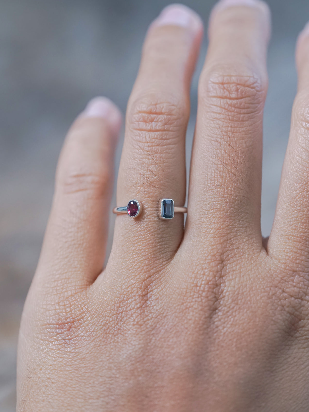 Available Open Ruby and Sapphire Ring in sterling silver