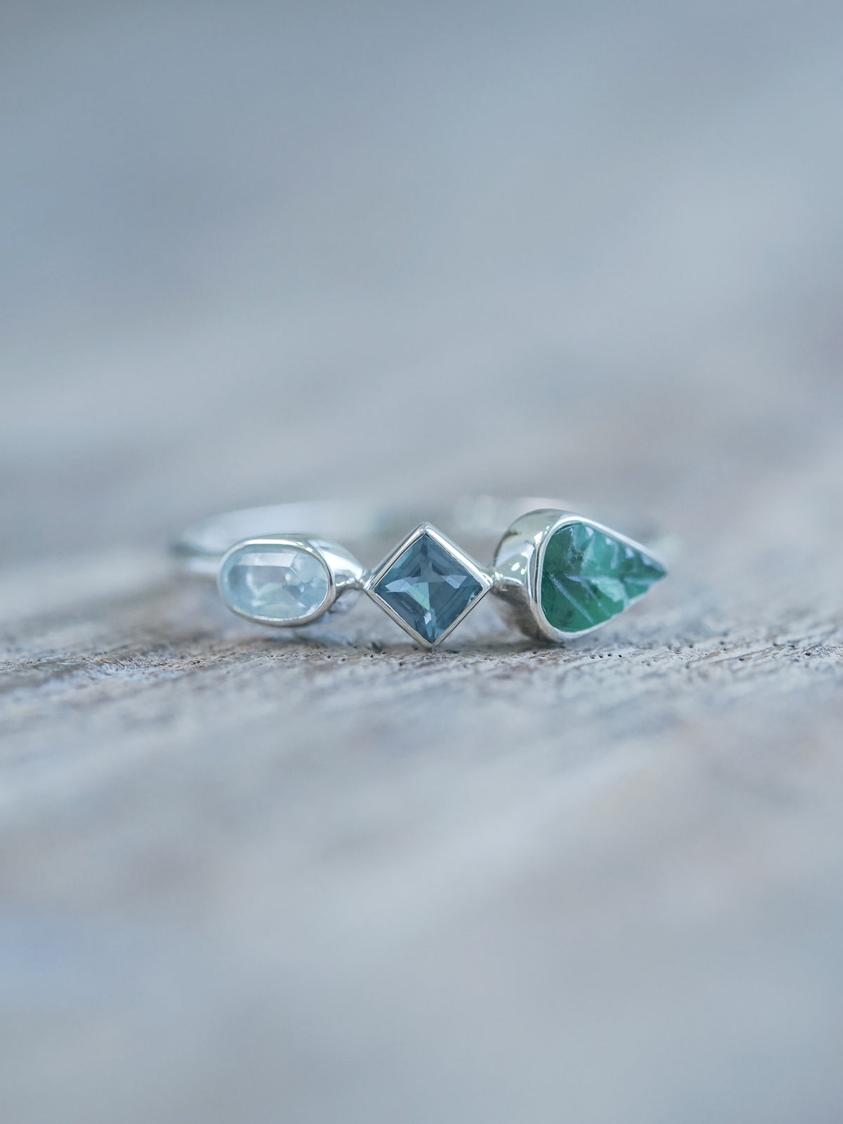 Available Topaz and Green Emerald Leaf Ring in recycled sterling silver