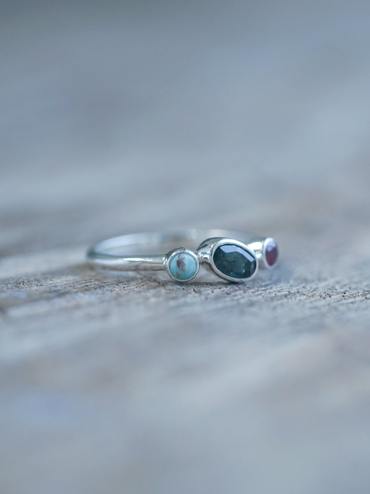 Available Turquoise, Tourmaline and Ruby Ring in recycled sterling silver