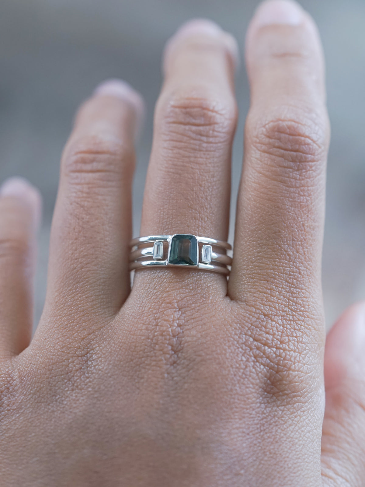 Available US size ring 8 | Green Sapphire and Zircon Ring Set - recycled sterling silver