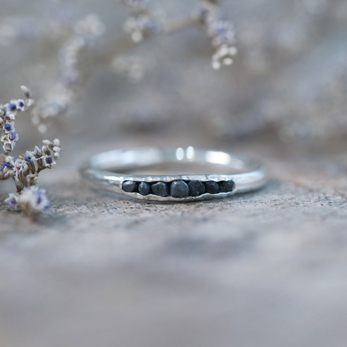 Black Hematite Ring with Hidden Gems in recycled sterling silver