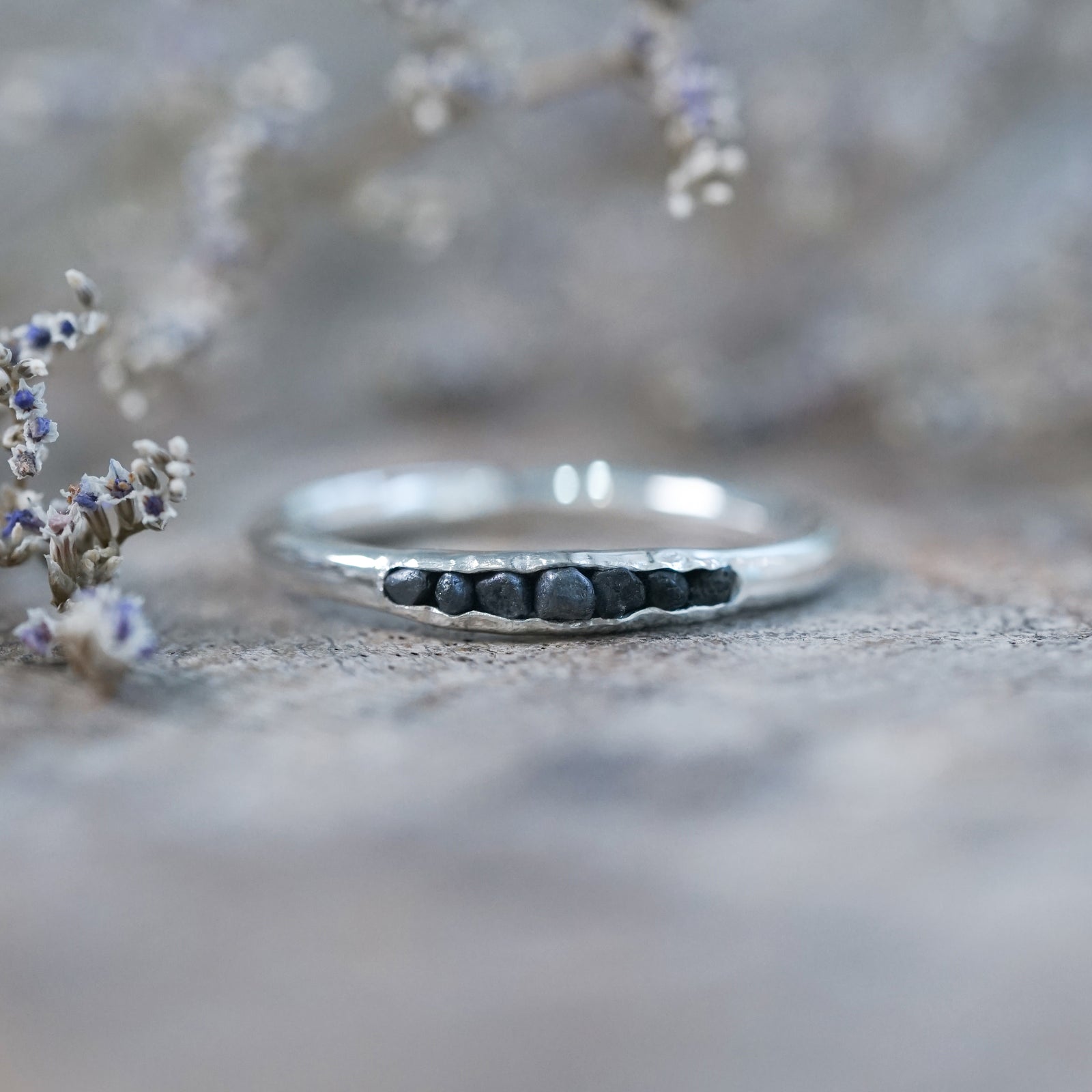 Black Hematite Ring with Hidden Gems in recycled sterling silver