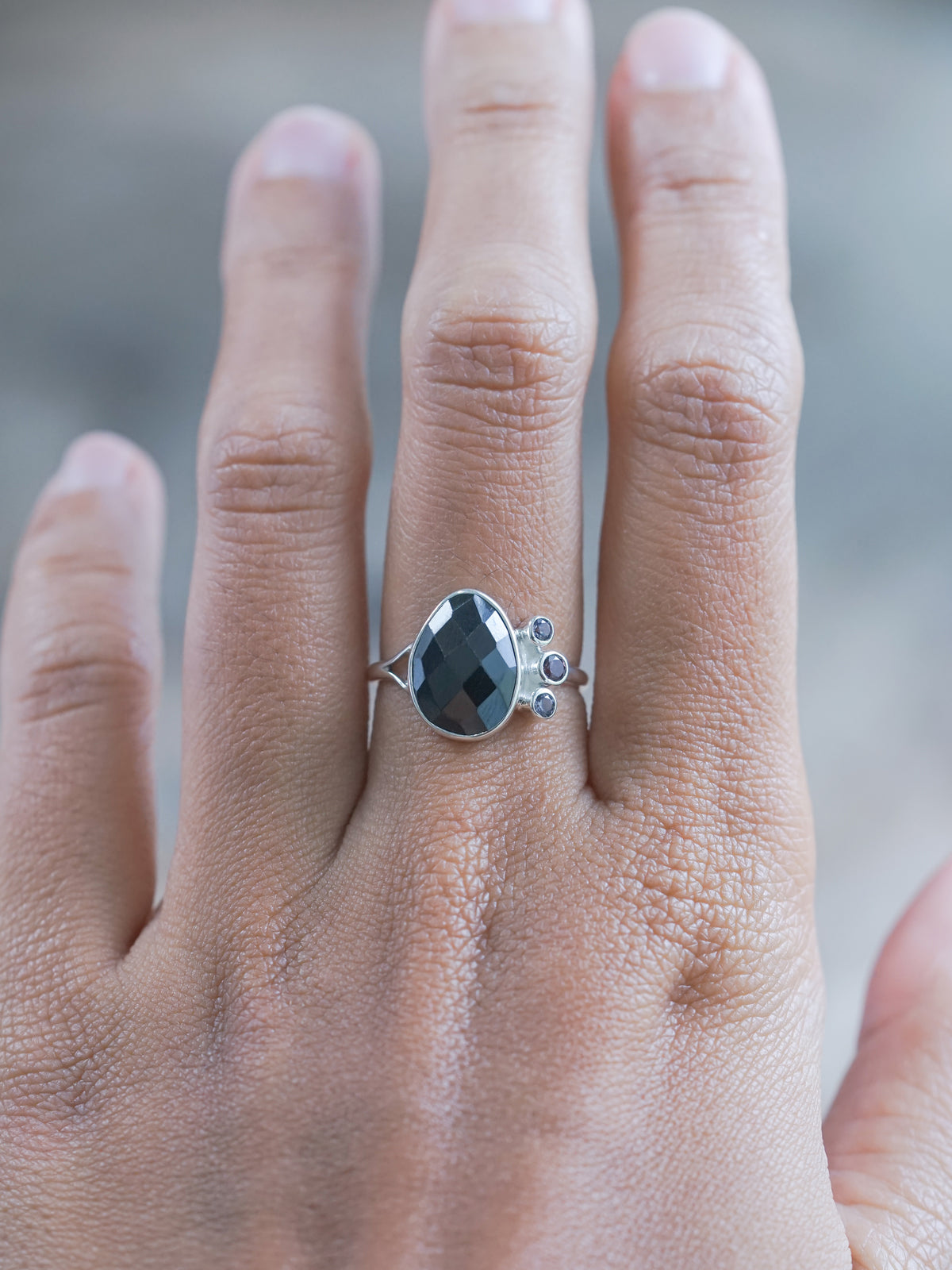 Black Onyx and 3 Purple Spinel Ring in Recycled sterling silver