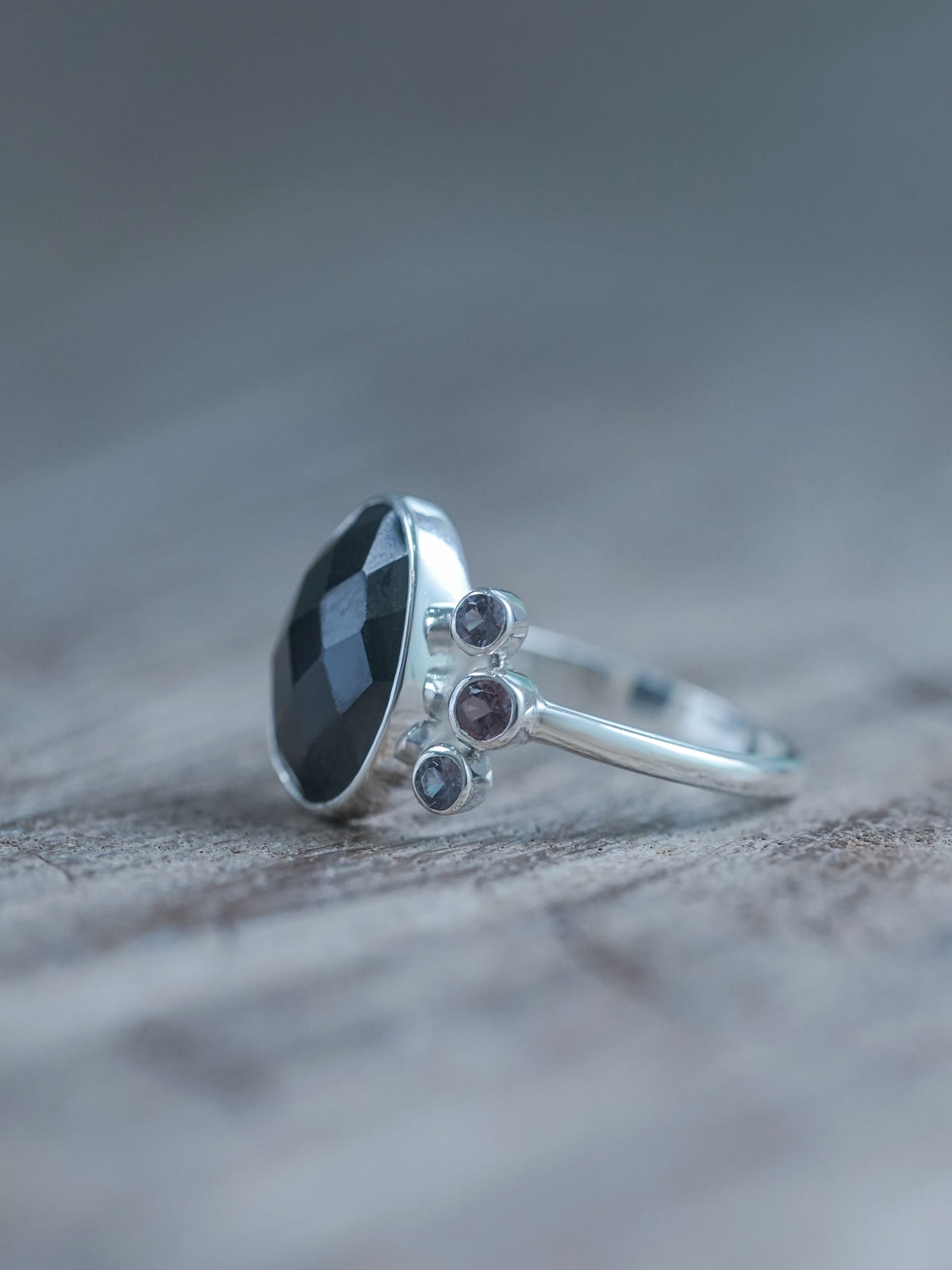 Black Onyx and 3 Purple Spinel Ring in Recycled sterling silver | sustainable jewelry
