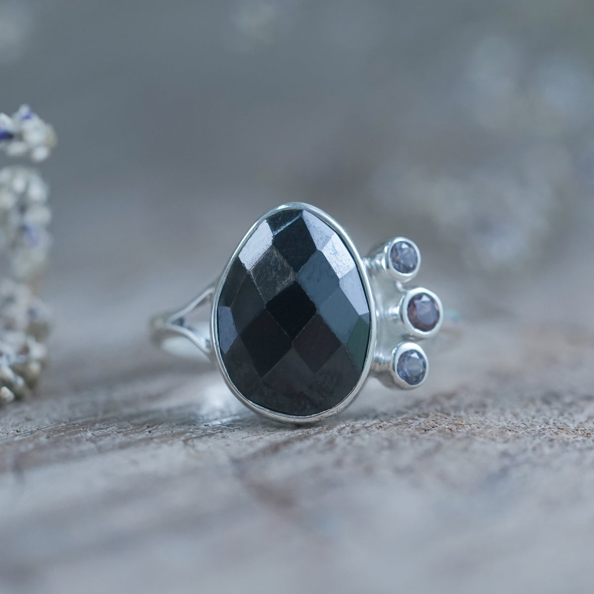 Black Onyx and Purple Spinel Ring in Recycled sterling silver