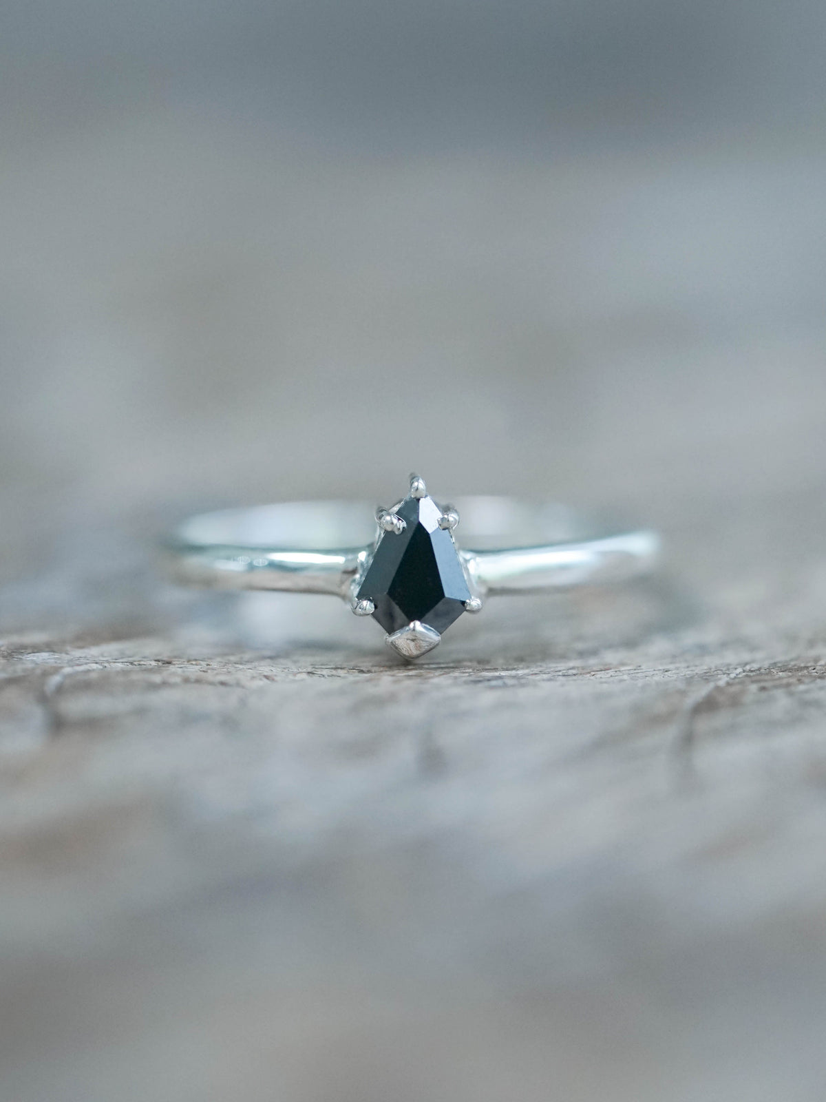 Black Shield cut diamond ring in silver