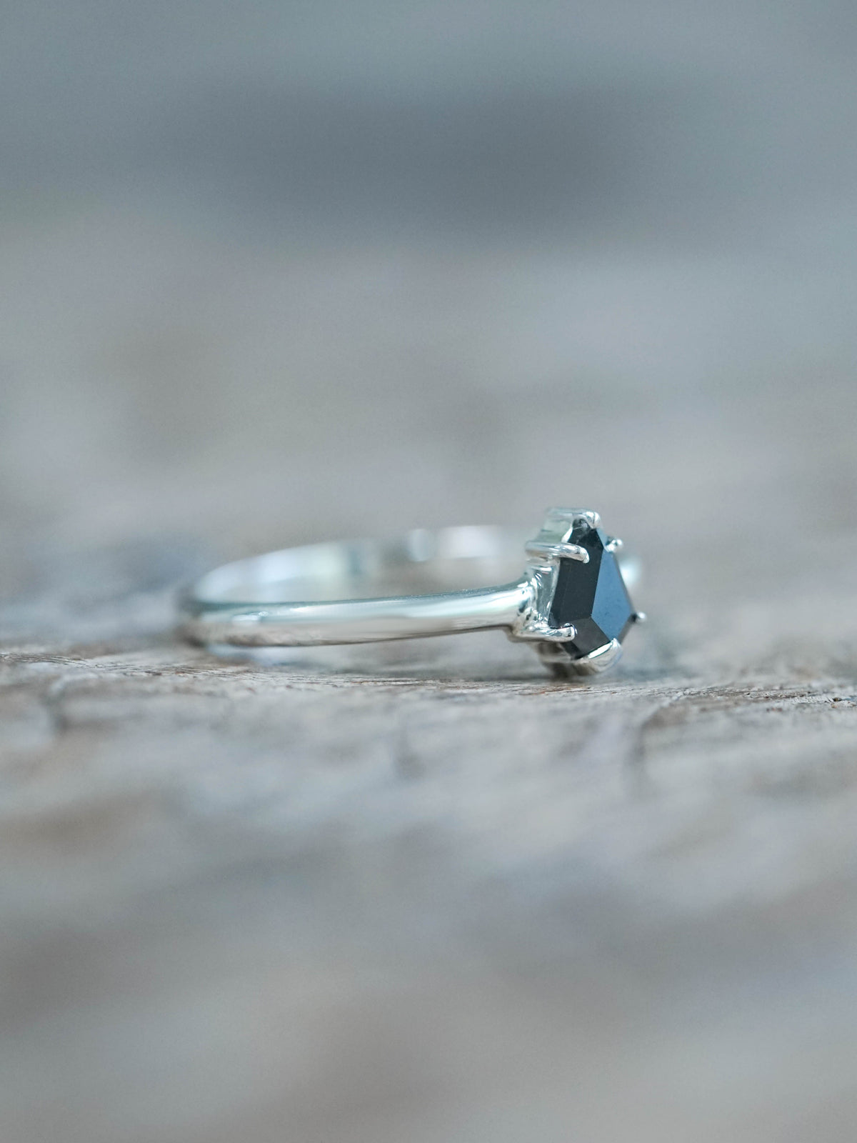 Black Shield cut diamond ring in sterling silver