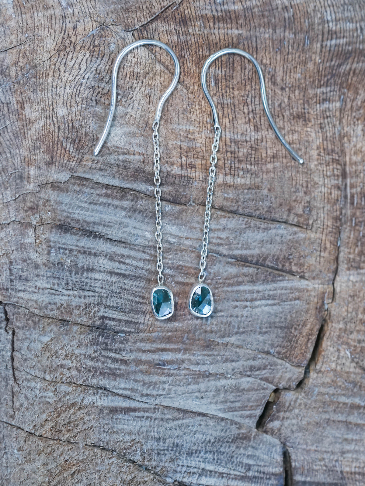 Blue Diamond Slice Dangling Earrings in Silver