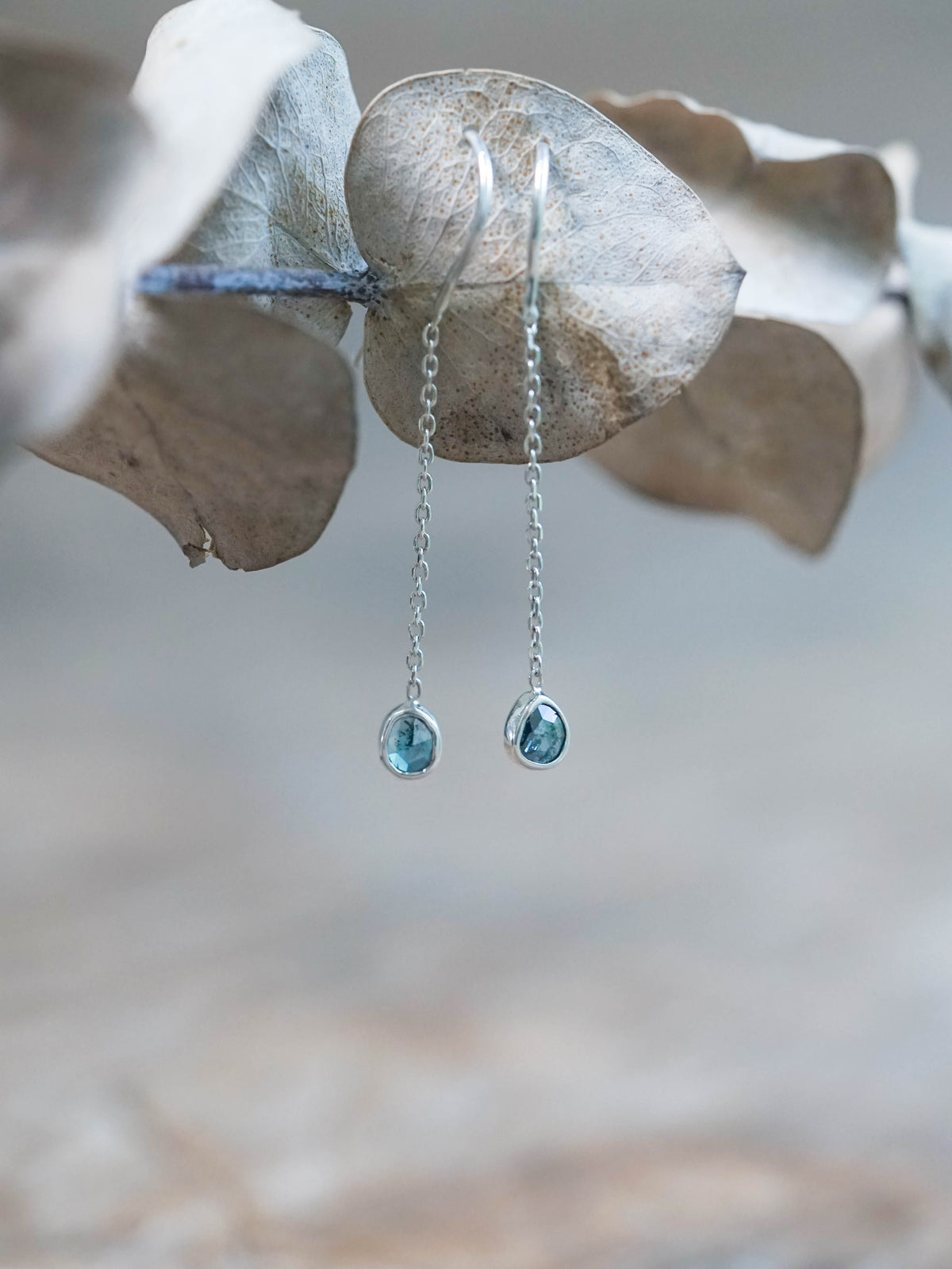 Blue Diamond Slice Dangling Earrings in Sterling Silver